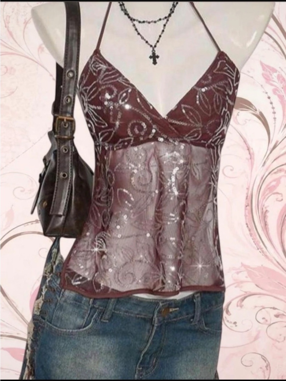 Sequin-Embellished Burgundy Sheer Floral Camisole